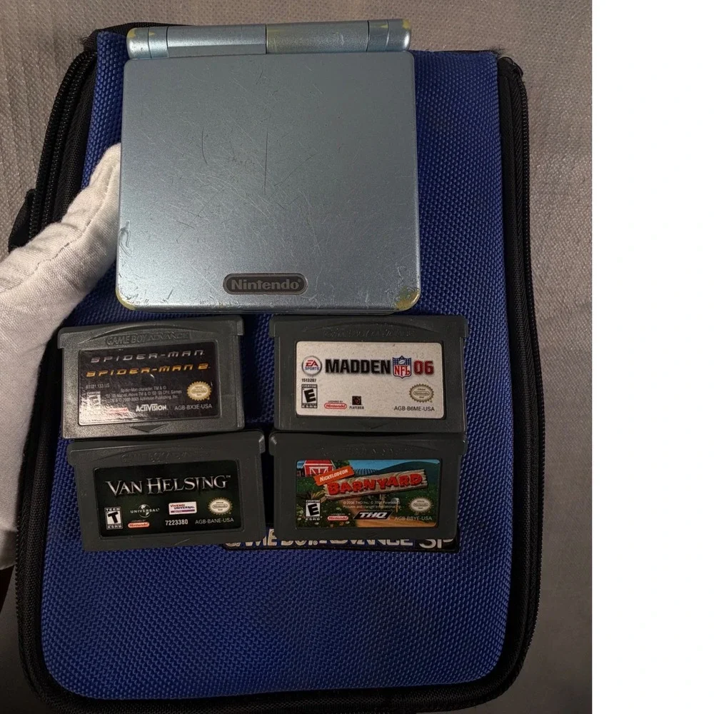 Nintendo Game Boy Advance SP AGS-101 Pearl Blue Backlit Console Bundle